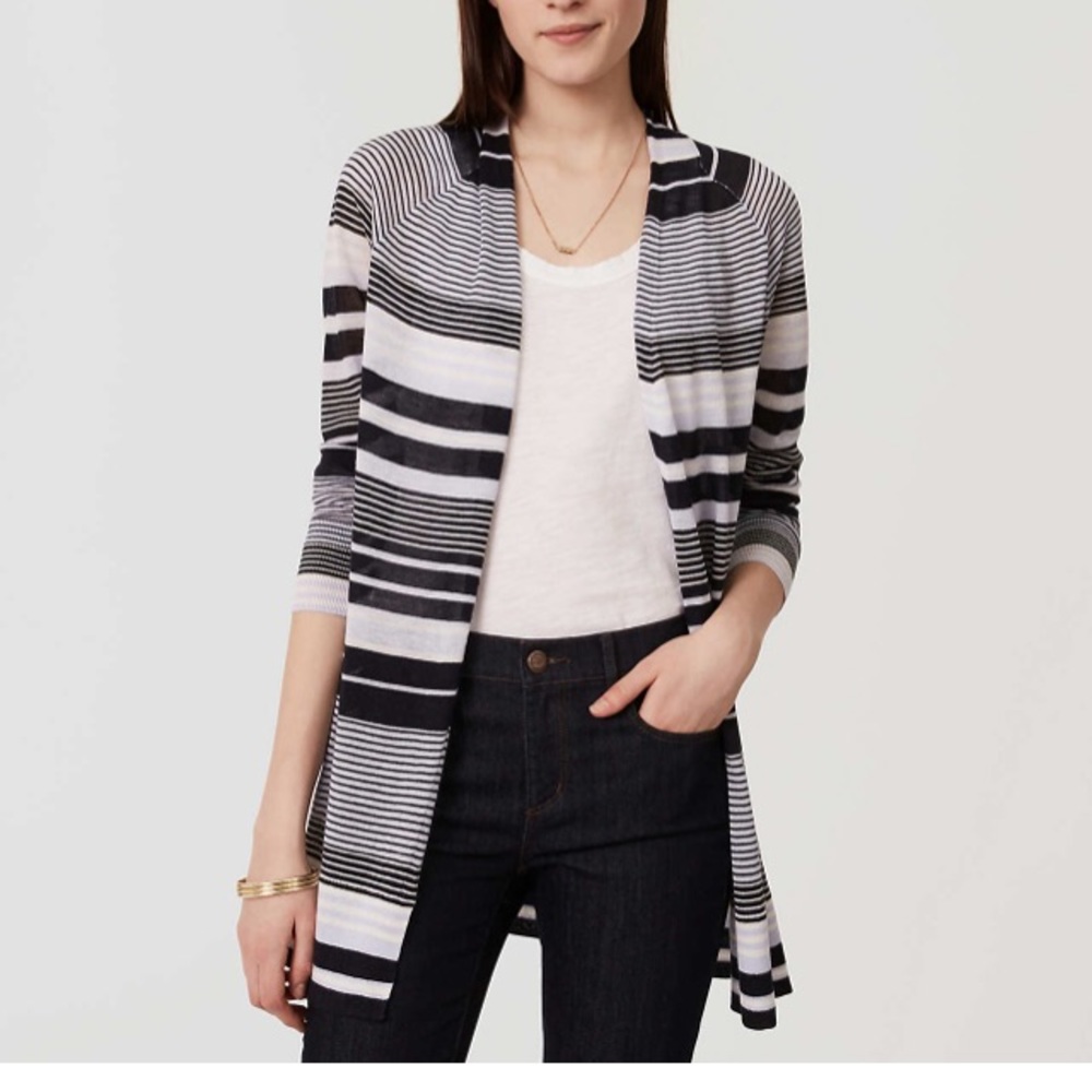 Loft Striped Fine Knit Open Cardigan